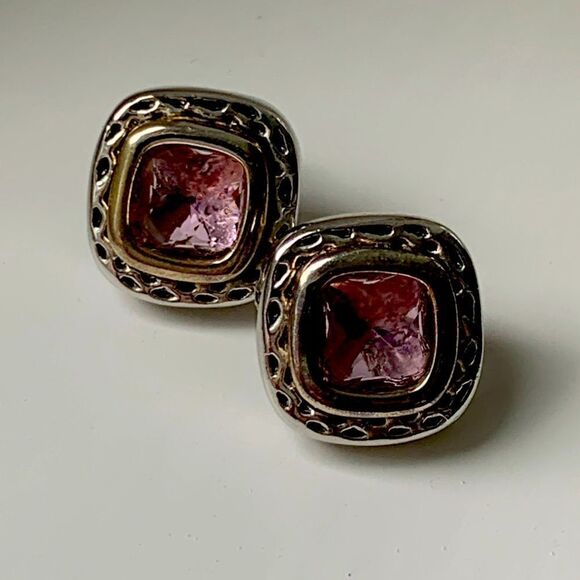 Balinese Style Earrings – Chunky Pink Gem, Silver & Gold Finish - Picture 1 of 8